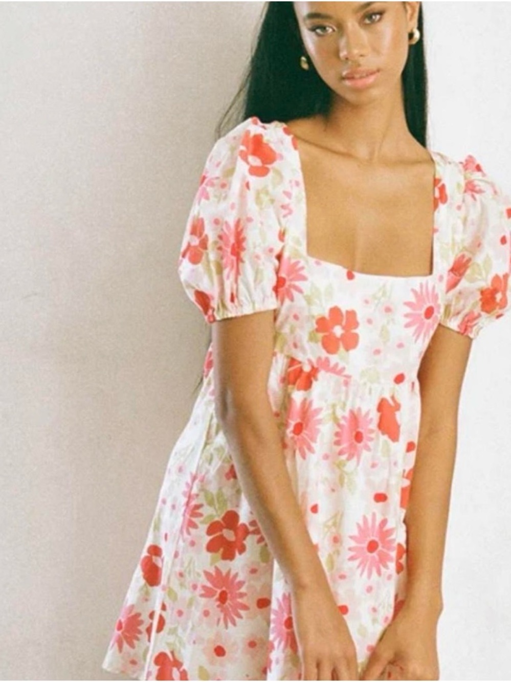 SABO Square-Neck Puff Sleeve Mini Dress in White with Pink Floral Print